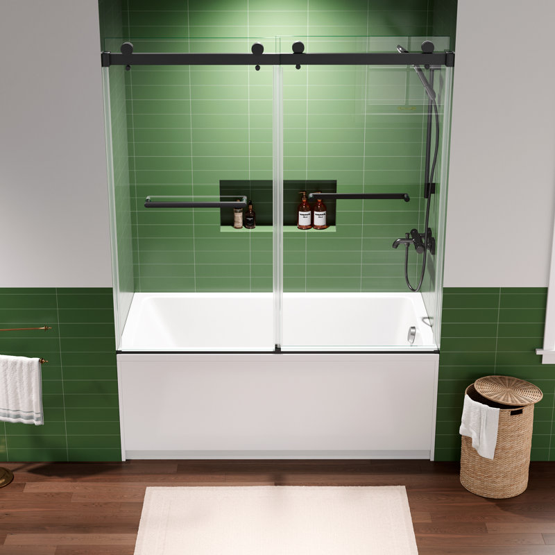 56"-60" W x 60" H Frameless Double Sliding Tub Door with 5/16 in. (8mm) Tempered Clear Glass, Matte Black