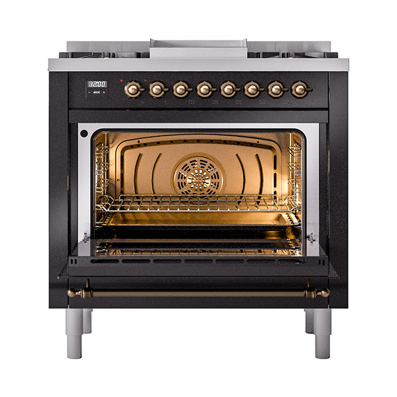 ILVE Nostalgie II Noblesse 36 in Dual Fuel Range, Glossy Black/Bronze, Natural Gas