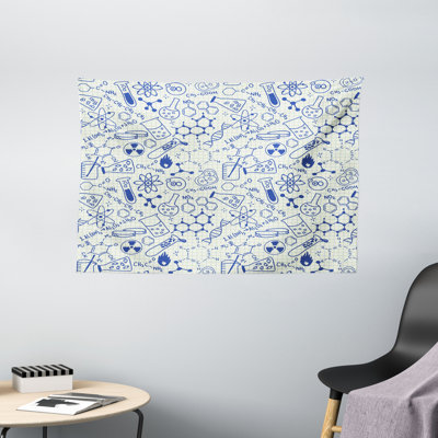 Tapestry, geometry chemistry theme, blue and ivory