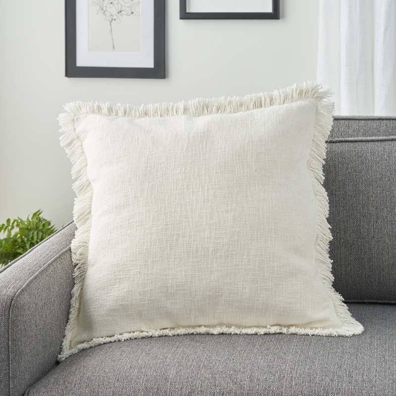 Ivory Stonewash Cotton Square Throw Pillow with Fringe Edges