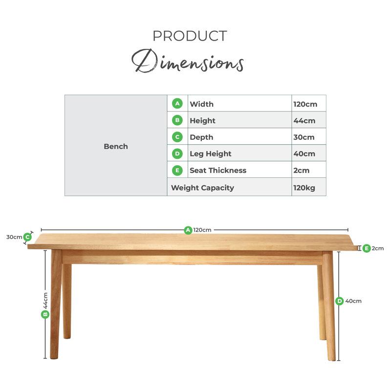Banc en bois massif Drea - Style campagnard rustique traditionnel, H 17,3 po x l 47,2 po x P 11,8 po, Chêne