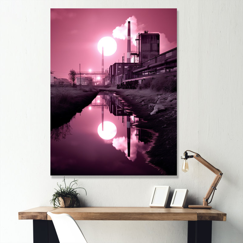 «Pink Industrail Landscape Moon», reproduction sur toile, Toile tendue, H 32 po x l 24 po x P 1 po