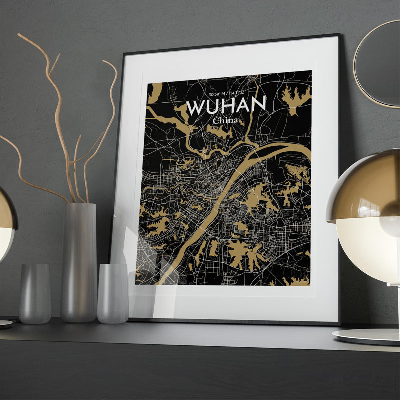 Carte de la ville de Whan, impression, Noir et or, H 20 po x l 16 po