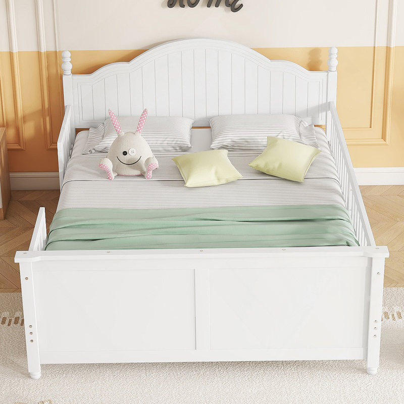 Lit double pour enfants, lit plateforme double en bois avec tête et pied de lit, blanc, Double