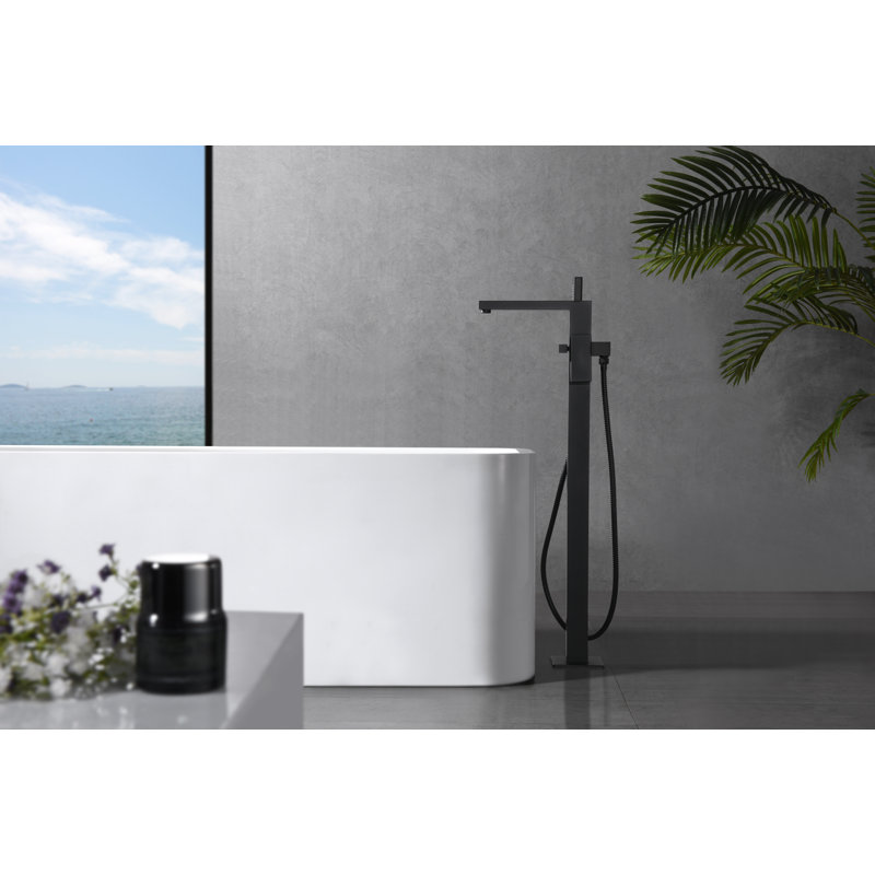 Robinet de baignoire romaine à fixation sur plancher à poignée simple avec douche à main Rift Collection - Noir mat, Noir mat