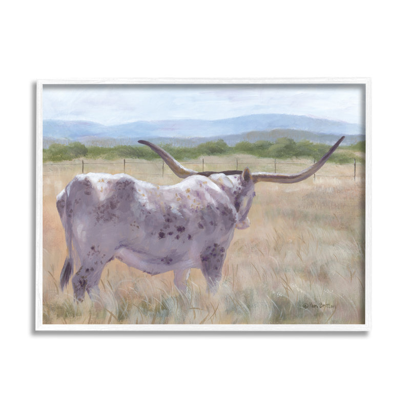«Longhorn Vast Country Grassland Farm» par Pam Britton - peinture à cadre flottant sur bois, H 11 po x l 14 po x P 1,5 po