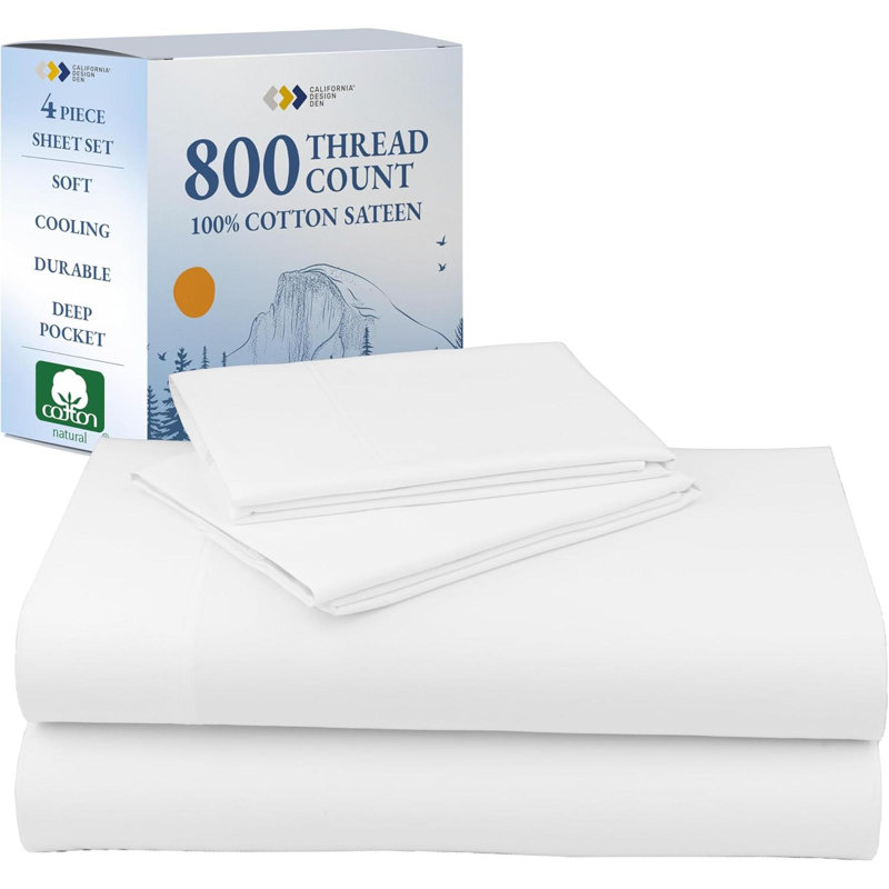Ensemble de draps luxueux de très grande taille à densité de tissage 800 fils - draps 100% coton, satin doux, poches profondes avec élastique antidérapant pour un ajustement parfait, literie fraîche et durable