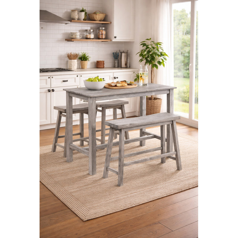 Colynn Counter Height Rubberwood Solid Wood Dining Set, Storm Gray Wire-Brush, 4