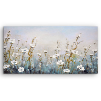 15x30 Floral Canvas Wall Art Featuring White Wildflowers with Hand-Painted Accents - Gallery Wrap - Green, Beige and Blue - Modern Wall Art