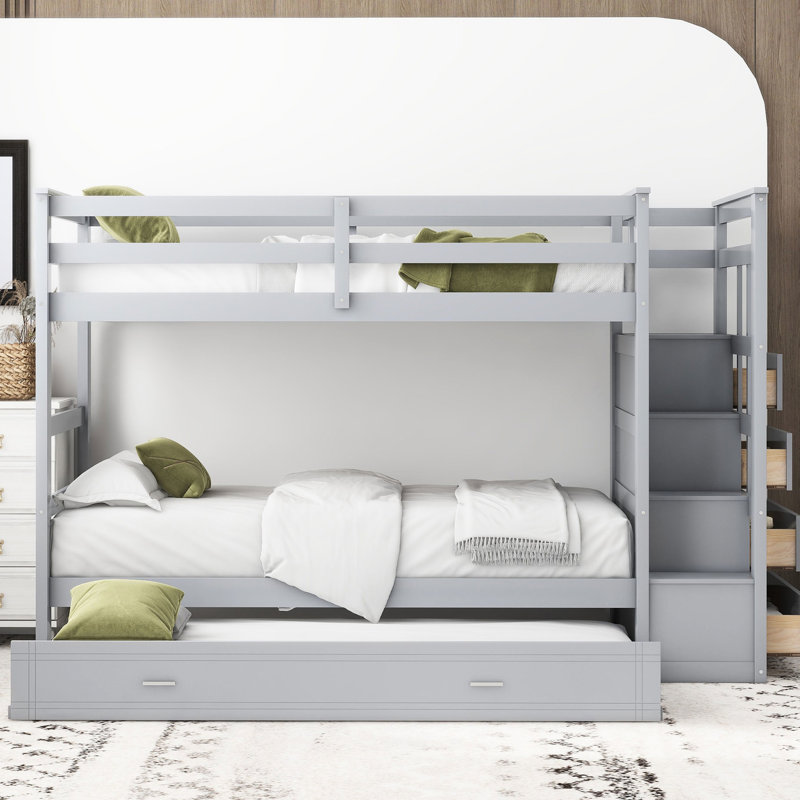Lit simple superposé au dessus d'un lit gigogne en bois massif gris, Gris