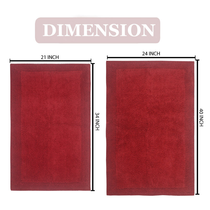 Luxury 100% Cotton Bath Rug (Set of 2) Reversible, Red, 2PC Set (24"x40", 21"x34")