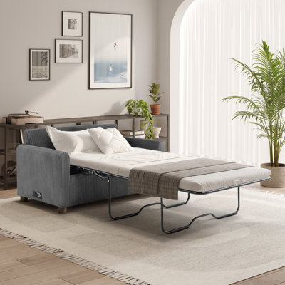 Serta Damon 53.5" Convertible Loveseat with Pull Out Twin Size Sleeper, Integrated Power Strip, Plush Corduroy Fabric