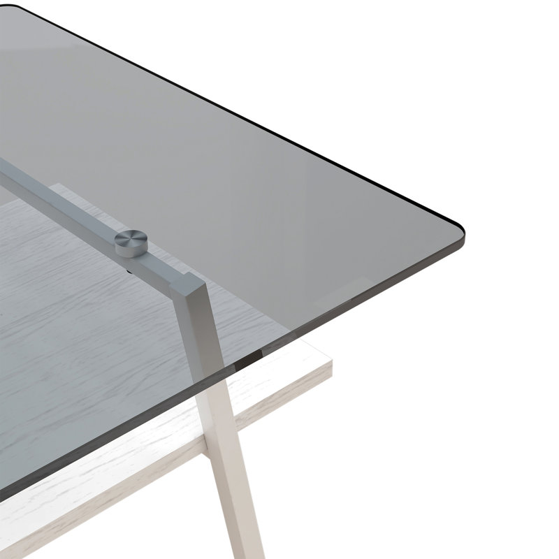 Table basse rectangulaire, plateau de table en verre trempé avec pieds en métal, Blanc, Grey