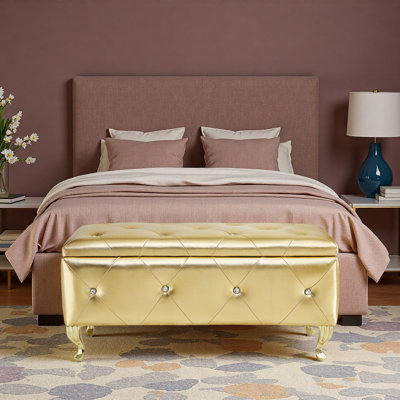 Upholstered Storage Ottoman Bench For Bedroom End Of Bed Faux Leather Rectangular Storage Benches Footrest With Crystal Buttons For Living Room Entryway