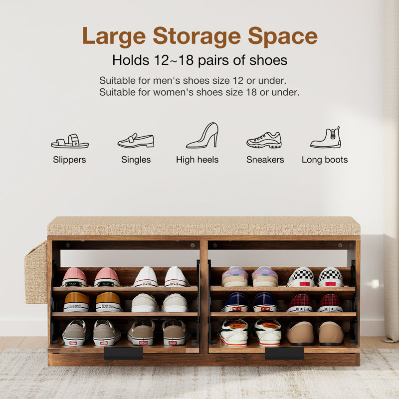 39.37'' Boho Entryway Bench With Cushion, Shoe Storage Bench With Flip Drawers