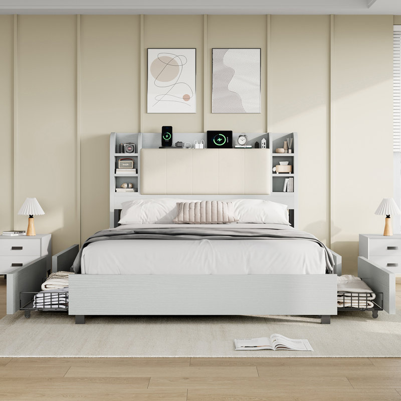 Structure de lit tapissier 47,2 po avec 4 tiroirs de rangement, gris clair, Gris clair, Grand
