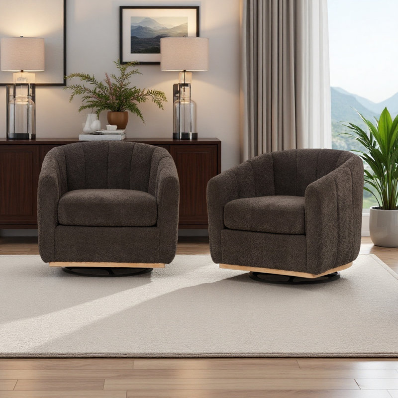 31.89" W Chenille Upholstered Channel Tufted 360° Swivel Barrel Chair with Metal Base (Set of 2), Charcoal