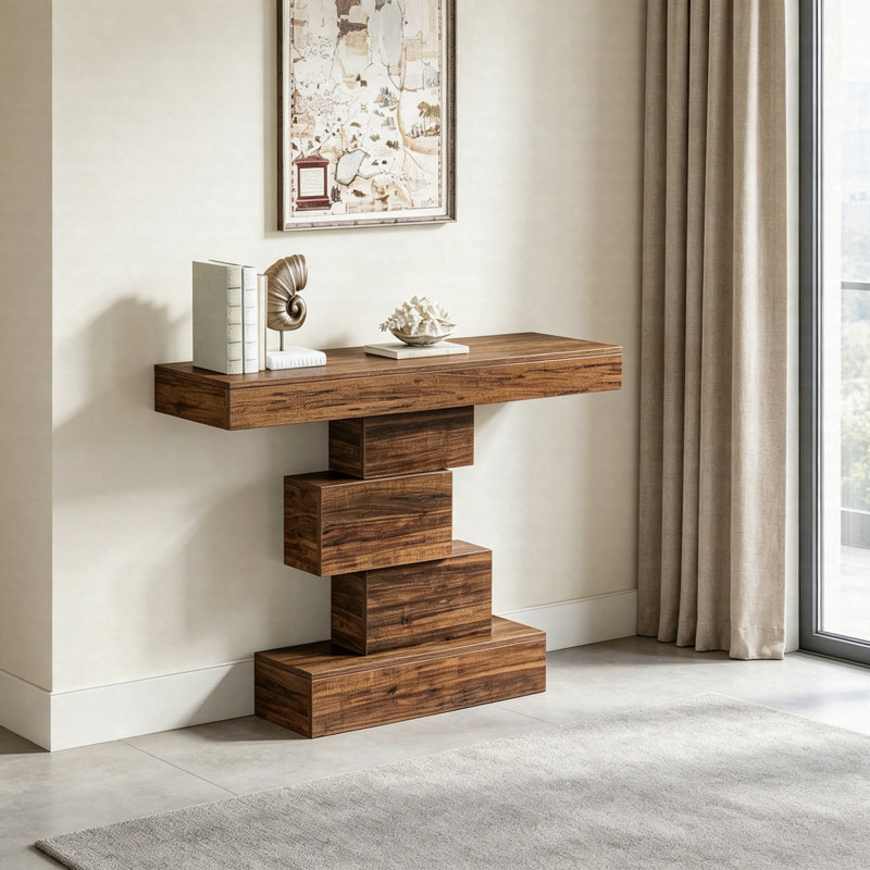 42" Console Table, Wood Sofa Table Accent Table With Geometric Base For Entryway & Living Room, Rustic Brown
