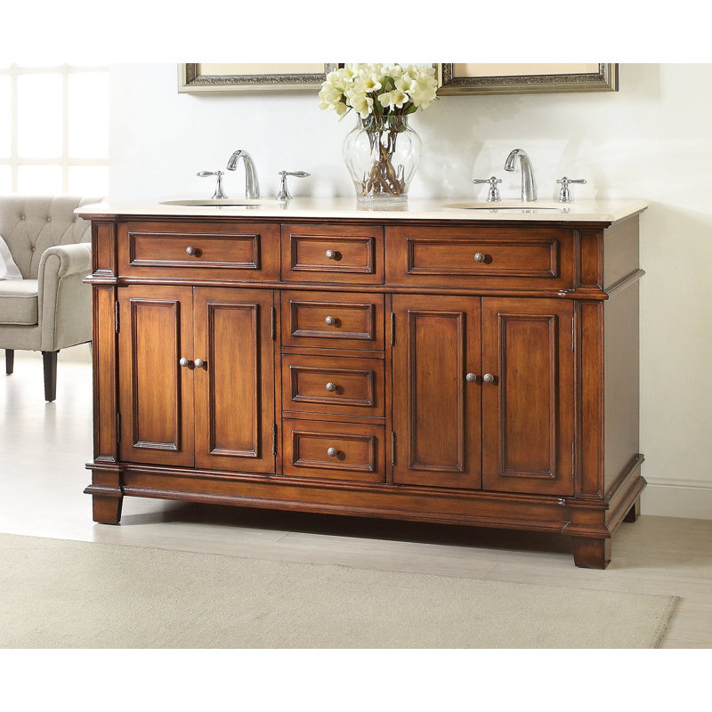 Benton Collection 70 Inch Traditional Freestanding Medium Brown Sanford Bathroom Vanity with Mirrors, Double Sink, Cream Marble Top, Fully Assembled