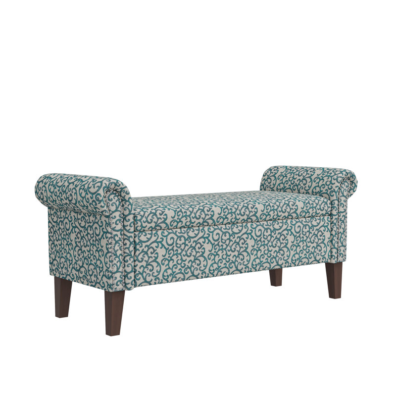 Olwyn Polyester Upholstered Storage Bench, Blue Curly Vine
