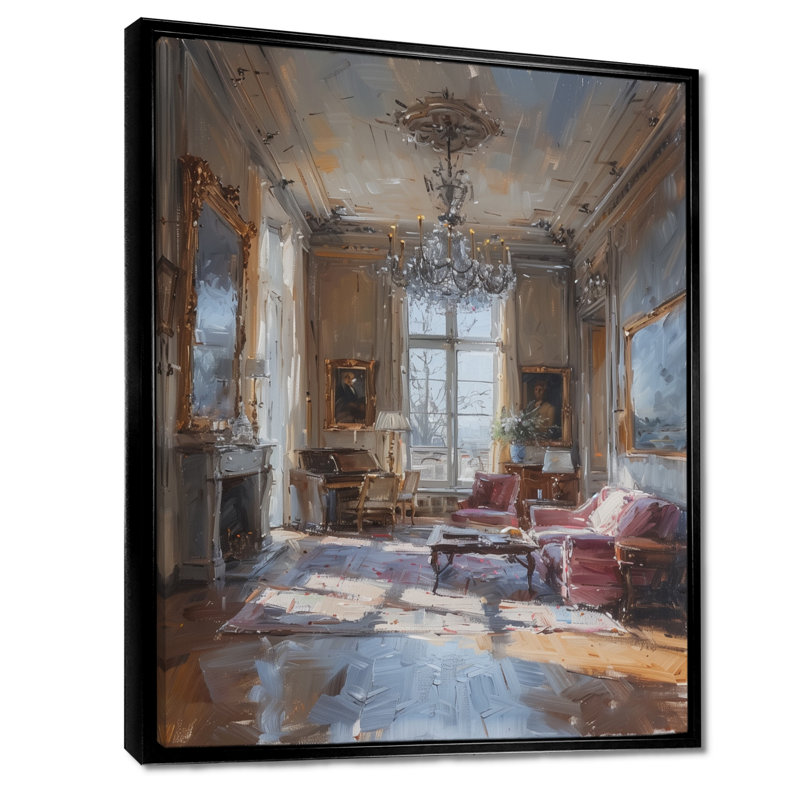 Décoration murale chateau rose beige et chateau, Toile avec cadre flottant noir, H 40 po x l 30 po x P 1,5 po