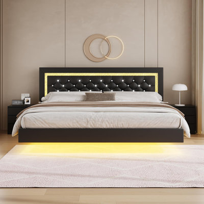Alber Floating Bed Frame with LED Lights, Upholstered Platform Bed with Diamond Tufted Headboard, No Box Spring Needed, Noise Free, Easy Assembly