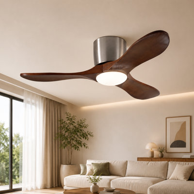 52" Flush Mount Ceiling Fan With Lights Remote Control, 3 Blades Wood Ceiling Fans, Quiet Reversible DC Motor, 6-Speed, Timer, Modern Ceilingfans For Low Profile, Walnut And Matte Black