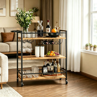 Chariot-bar 34 po x 35 po x 14 po en métal avec support à vin, porte-verre, roues verrouillables