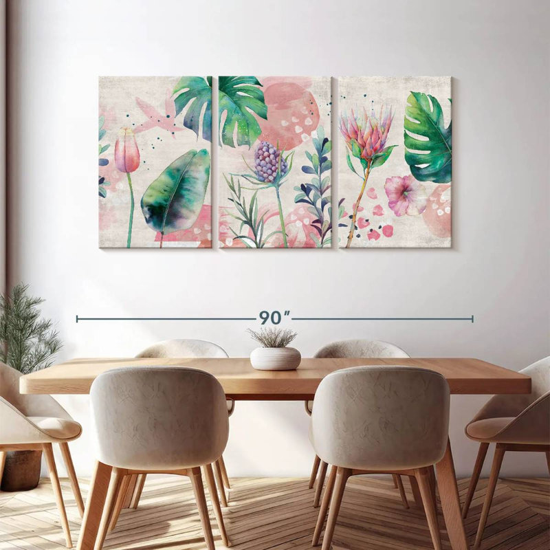 Ensemble de 3 pièces florales et botaniques avec jolies fleurs tropicales sur toile, H 39 po x l 80 po x P 1,25 po