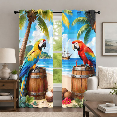 2Pcs Tropical Parrot Pattern Curtains, Beach Island Scenery Print Window Drapes, Vivid Bird and Palm Tree Nature Scene Grommet Curtains, Home Decor for Bedroom Living Room
