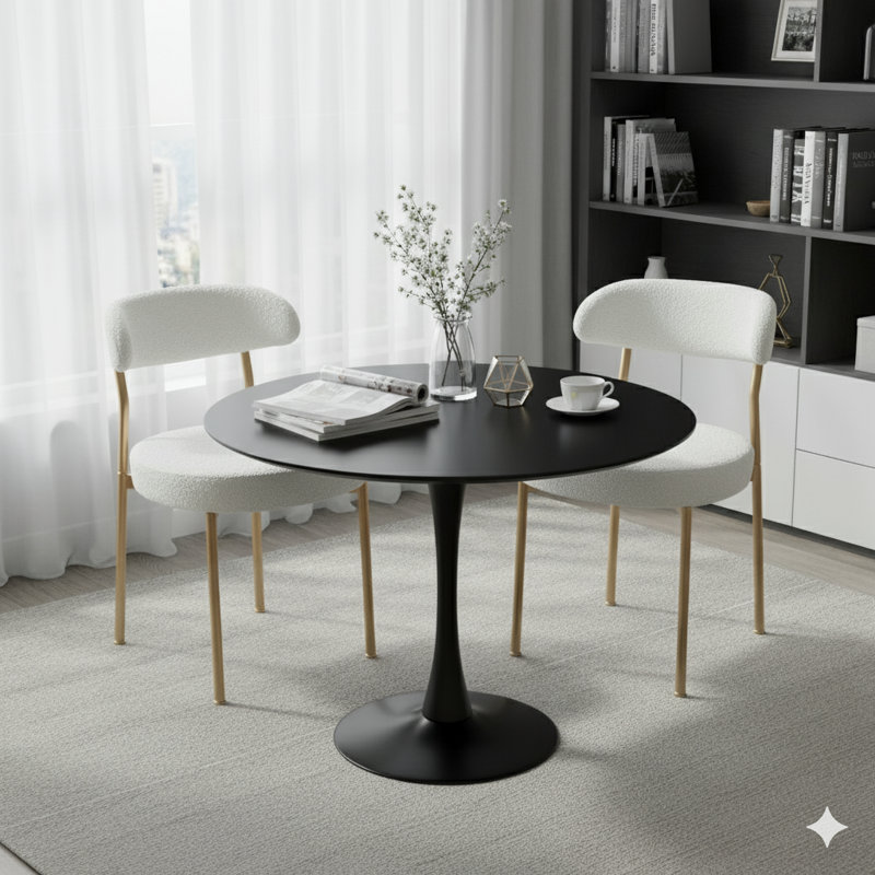 Ensemble de table de salle à manger rond avec 2 chaises, Noir, Blanc / Doré