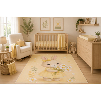 Tapis de marguerite mignonne 5 pi x 7 pi «Ultra Léger», aquarelle de lapin avec des fleurs, chambre de bébé, décoration de salle de jeux, tapis en silicone anti-dérapant