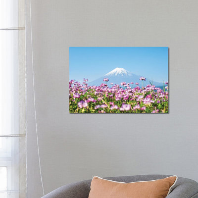 Mount Fuji In Spring With Purple Cosmos Flowers, Shizuoka Prefecture, Honshu, Japan by Jan Becke - Wrapped Canvas Print