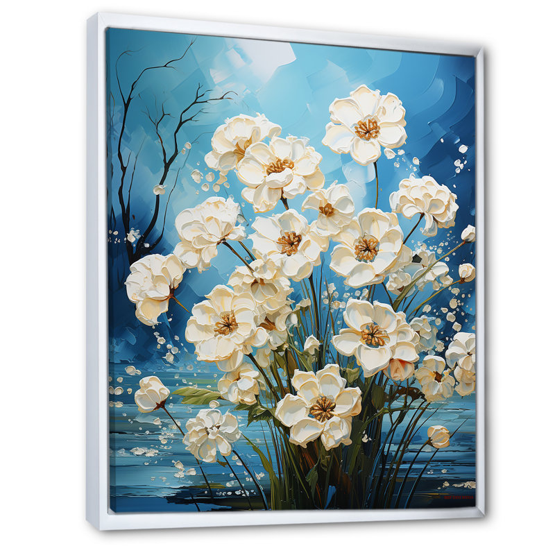 «Blue Flower In Popcorn Serenade», reproduction d'art sur toile, Cadre flottant blanc, H 40 po x l 30 po