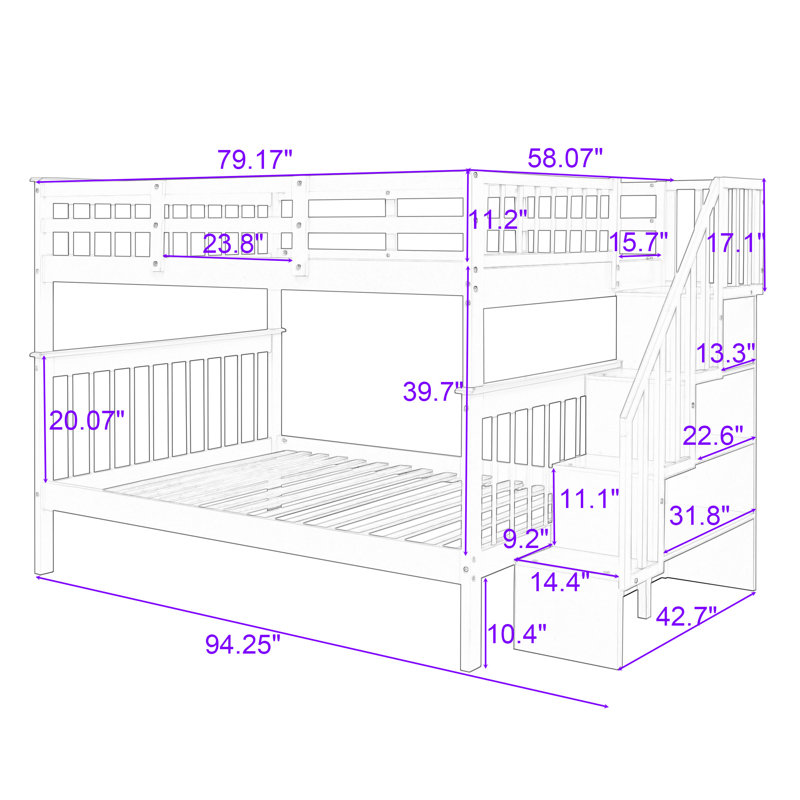 Elvia Full Over Full Wooden Bunk Bed with Stair and Guardrail, Espresso