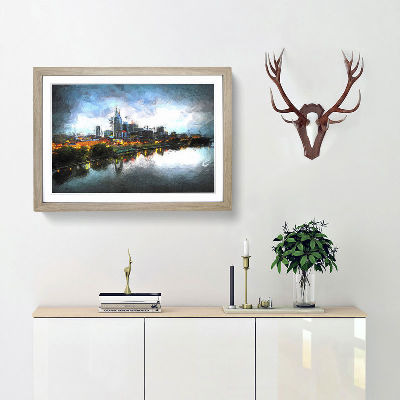 Nashville Tennessee Skyline at Night - Framed Print, 48cm H x 65cm W x 2cm D, Oak Framed