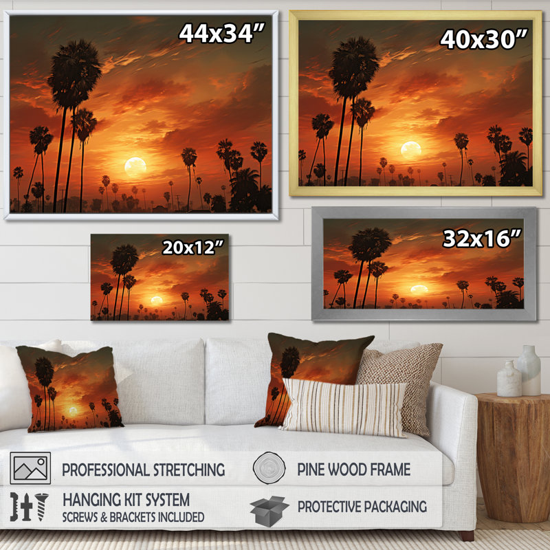 Coucher de soleil avec palmiers sur toile, Toile tendue, H 12 po x l 20 po x P 1 po