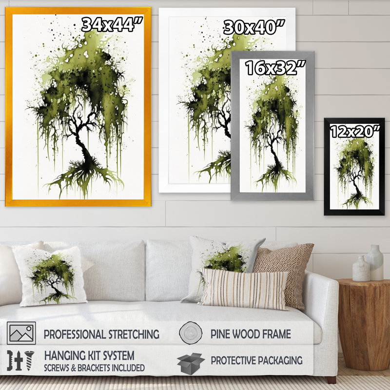 Arbre vert mousse espagnol, reproduction sur toile, Toile avec cadre photo noir, H 32 po x l 24 po x P 1 po
