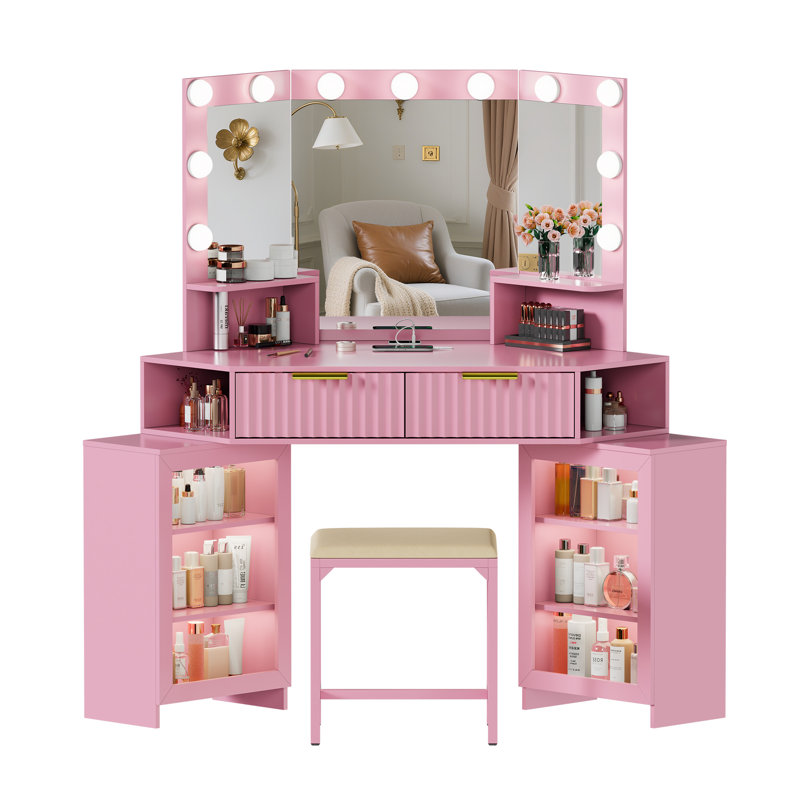 Dressing Table with Motion Sensor 3-colour lighting, Charging Socket and Stool, Pink