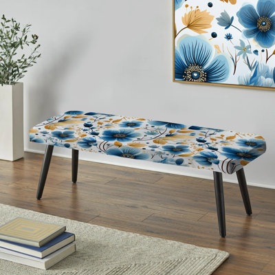 Watercolor Whimsy Blue Floral Melody II - Floral Upholstered Black Bench