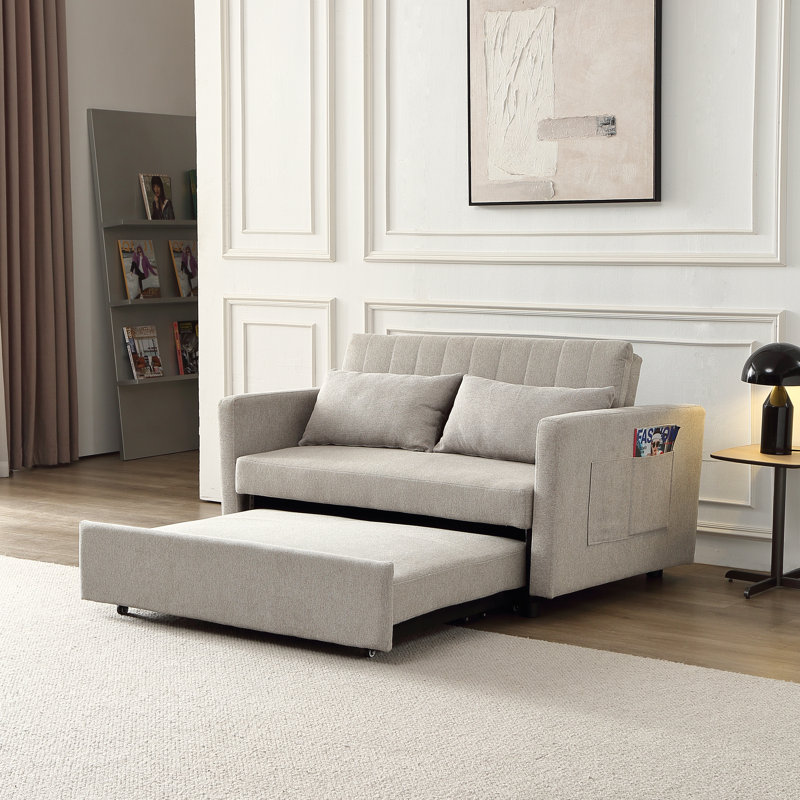 Lateresa 54'' Small Loveseat Pull-Out Sofa Bed - Adjustable Backrest With 2 Soft Pillows, Light Gray