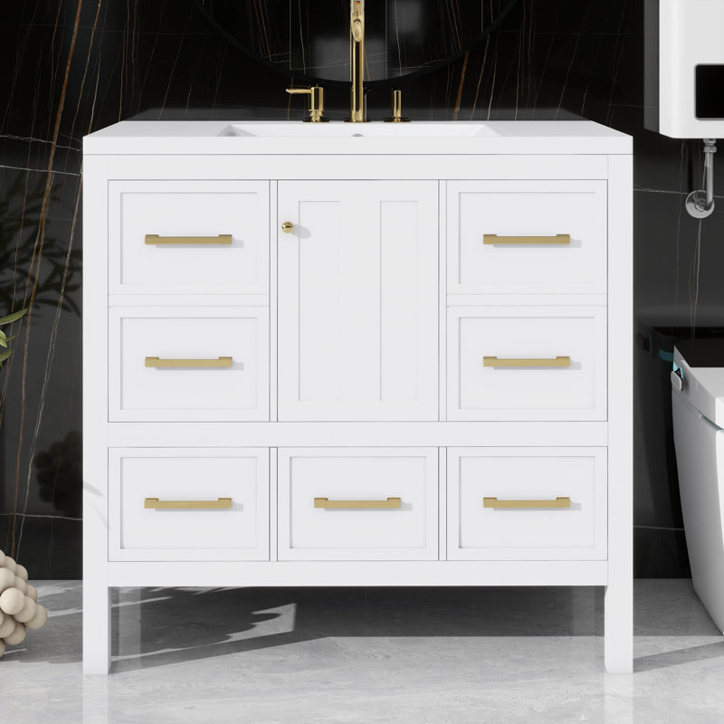 Meuble-lavabo de 36 po sans lavabo, meuble de rangement pour salle de bain, meuble-lavabo autoportant avec 5 tiroirs et portes à fermeture en douceur