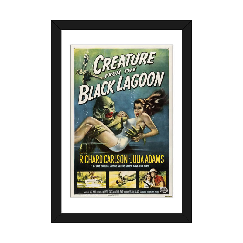 « créatures from the lagon (1954) », affiche rétro sur toile, H 24 po x l 16 po x P 1 po, Papier d'art encadré noir, Blanc