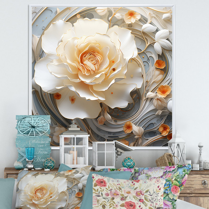 Blanc exquis et orangerose en fleurs, H 30 po x l 30 po, Cadre flottant blanc