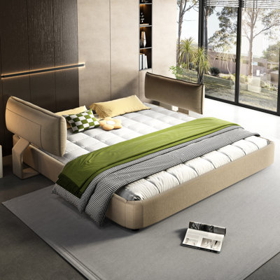 Lit très grand nuage, tête de lit mobile surdimensionnée et rembourrée, revêtement en chenille, lattes en métal et bois de pin, sans sommier, chameau, lit de style familial avec revêtement, coin arrondi,
