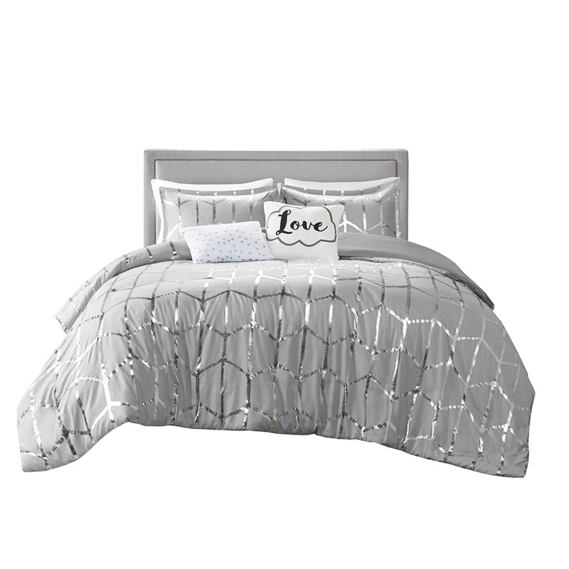 Très grand / très grand lit avec imprimé géométrique argenté sur fond gris, tissu confortable, 2 taies décoratives, coussins décoratifs, sécher par culbutage avec une microfibre douce, duvet et détente