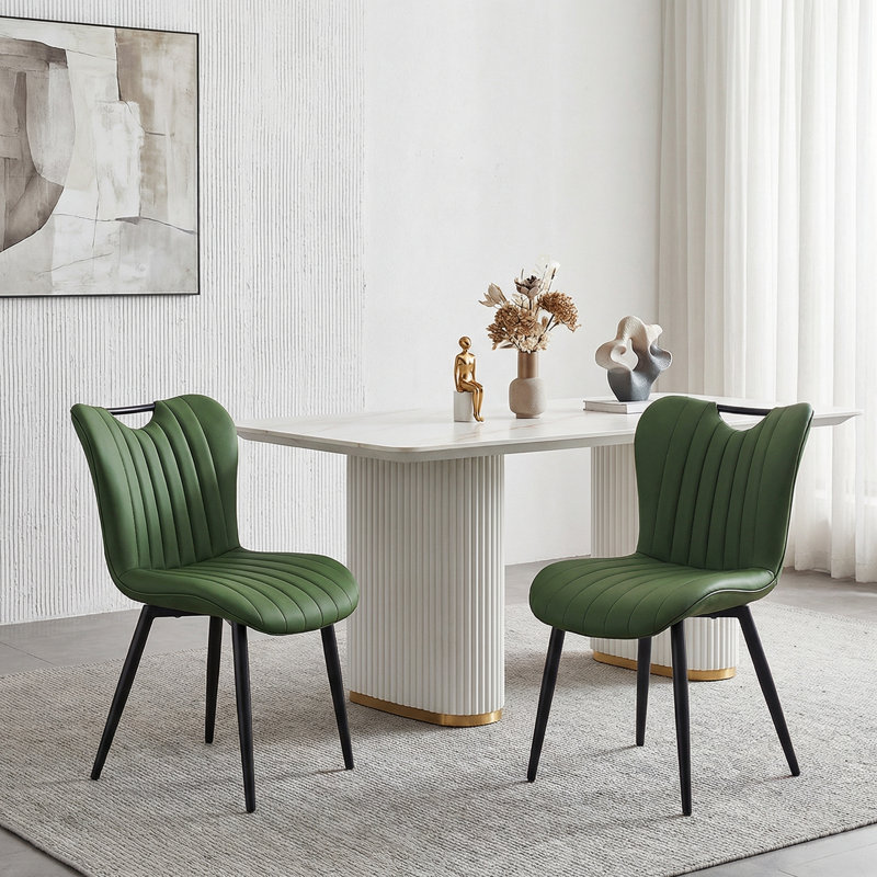 Modern Quilted Leather Upholstered Dining Chairs Wingback Luxury Side Chairs With Metal Legs, Green