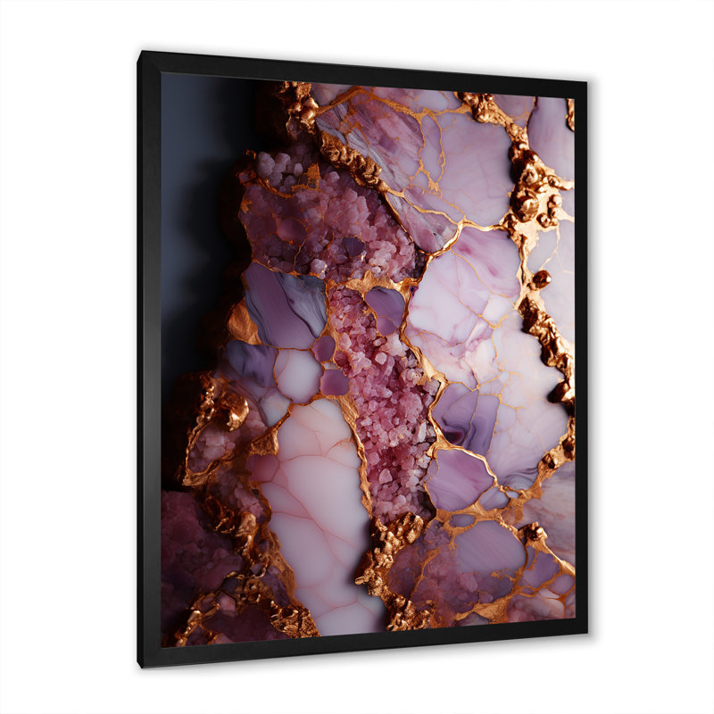 "Agate II en marbre rose et doré", Cadre simple noir, H 20 po x l 12 po x P 1 po