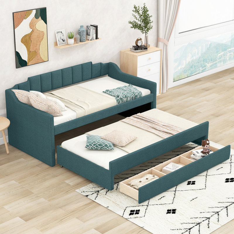 Upholstered Daybed With Trundle And Three Drawers, Twin, Green