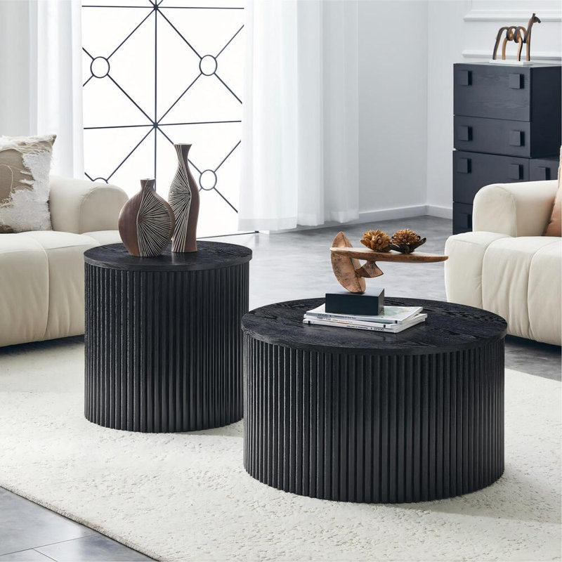 Ensemble de 2 tables basses gigognes avec colonne romaine et rangement, tables rondes en grain de bois noir pour le salon
